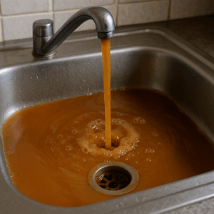 Discolored rusty sink water in a residential home