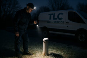 24 hour well service happening late at night. TLC Well Service standing next to a homeowner's well with a van in the background.
